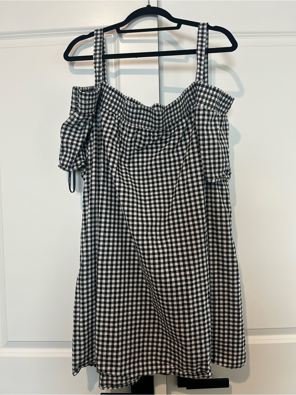 Black & White Gingham Mini Dress - Off-Shoulder Straps